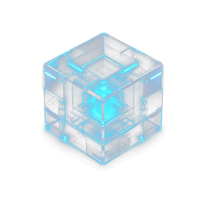 Abstract translucent cube module lit from within by cyan circuitry.